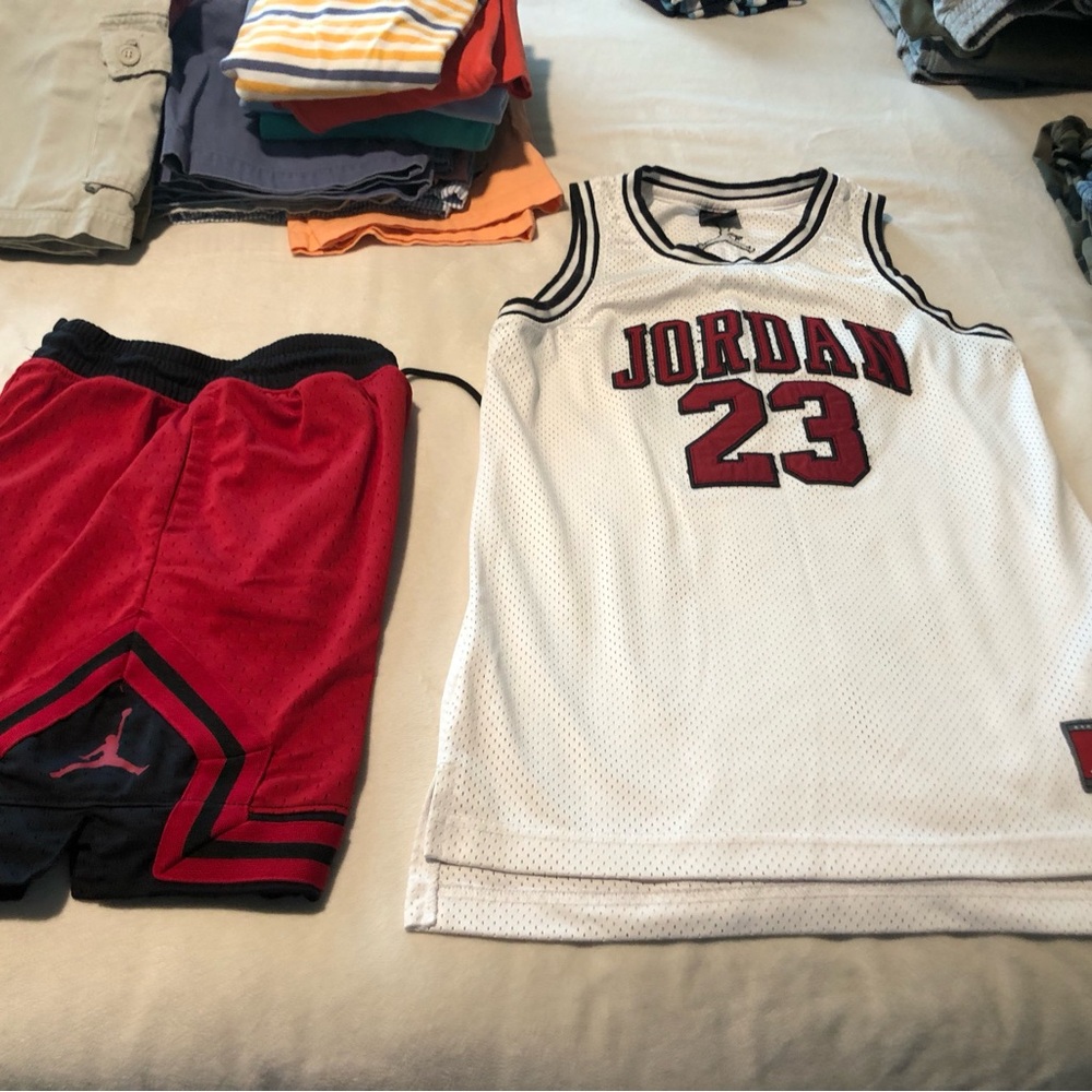 Jordan White Mesh Basketball Jersey with Red and Black Shorts